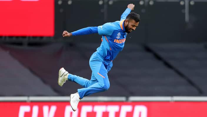 India's Hardik Pandya leaps in the air to celebrate the dismissal of Pakistan's Shoaib Malik during the Cricket World Cup match between India and Pakistan at Old Trafford in Manchester, England, Sunday, June 16, 2019. (AP Photo/Aijaz Rahi)