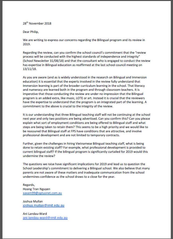 Letter of Parents to Footscray Primary School Principal Philip Fox