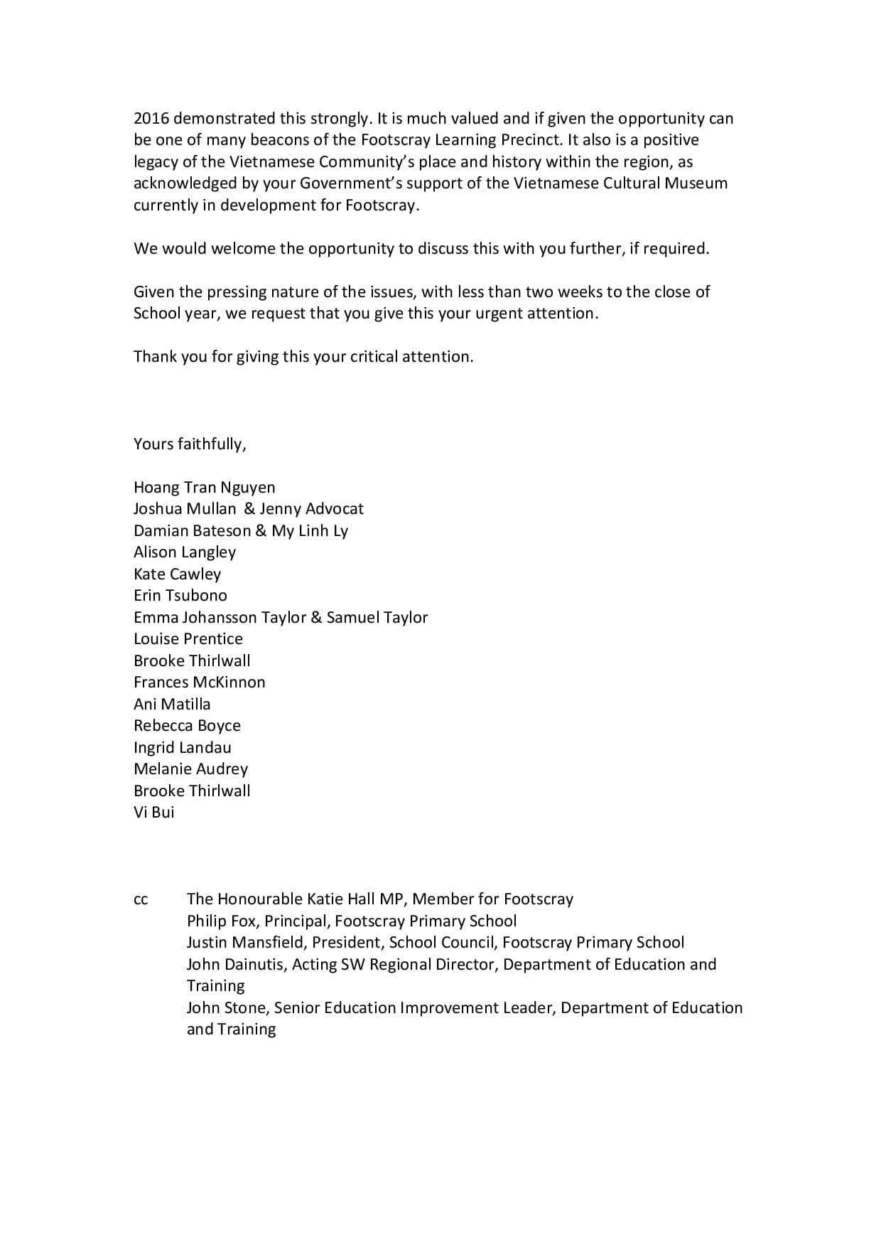 Thư phụ huynh FPS gởi Bộ trưởng Giáo dục Victoria