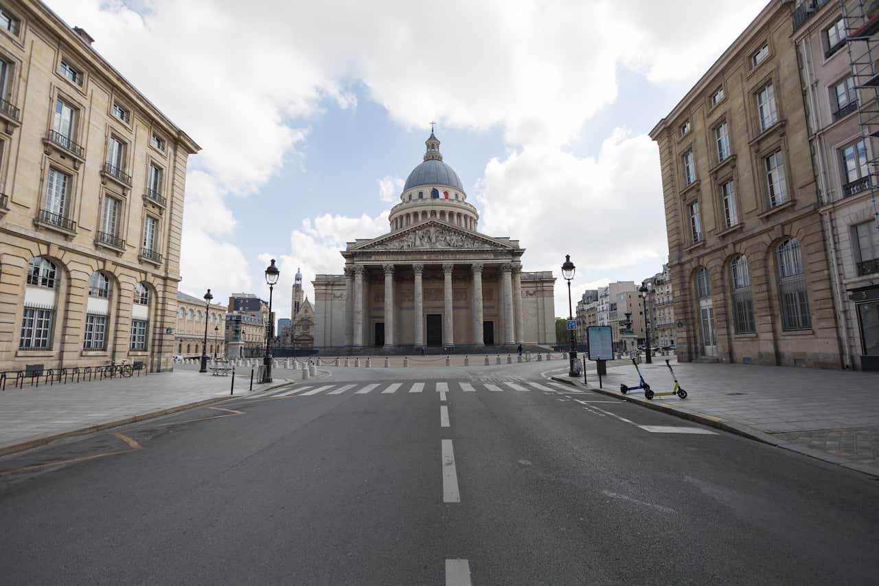 Empty streets surrounding the Pantheon in Paris, France, are seen on March 31, 2020. (Photo by Daniel Brown/Sipa USA)