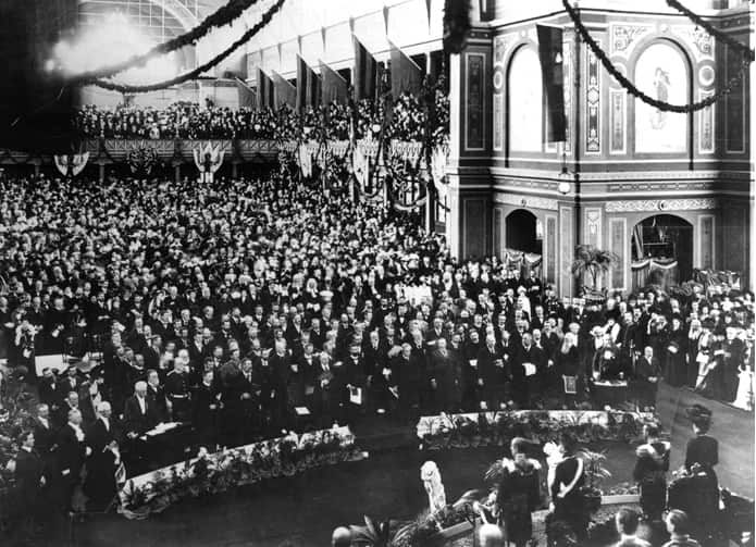The First Commonwealth Parliament was opened by the Duke of York in the Exhibition Building, Melbourne, on 9 May, 1901
