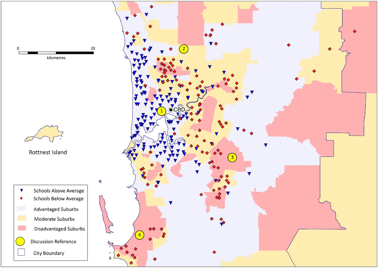 Schools above/below average in Perth, Grade 5 reading, 2016