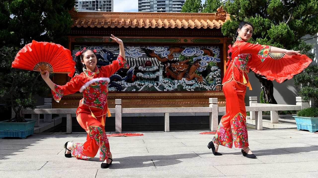 Chinese dancers perform during the Sydney Lunar Festival Media Launch at the Chinese Garden of Friendship in Sydney on February 9, 2021.