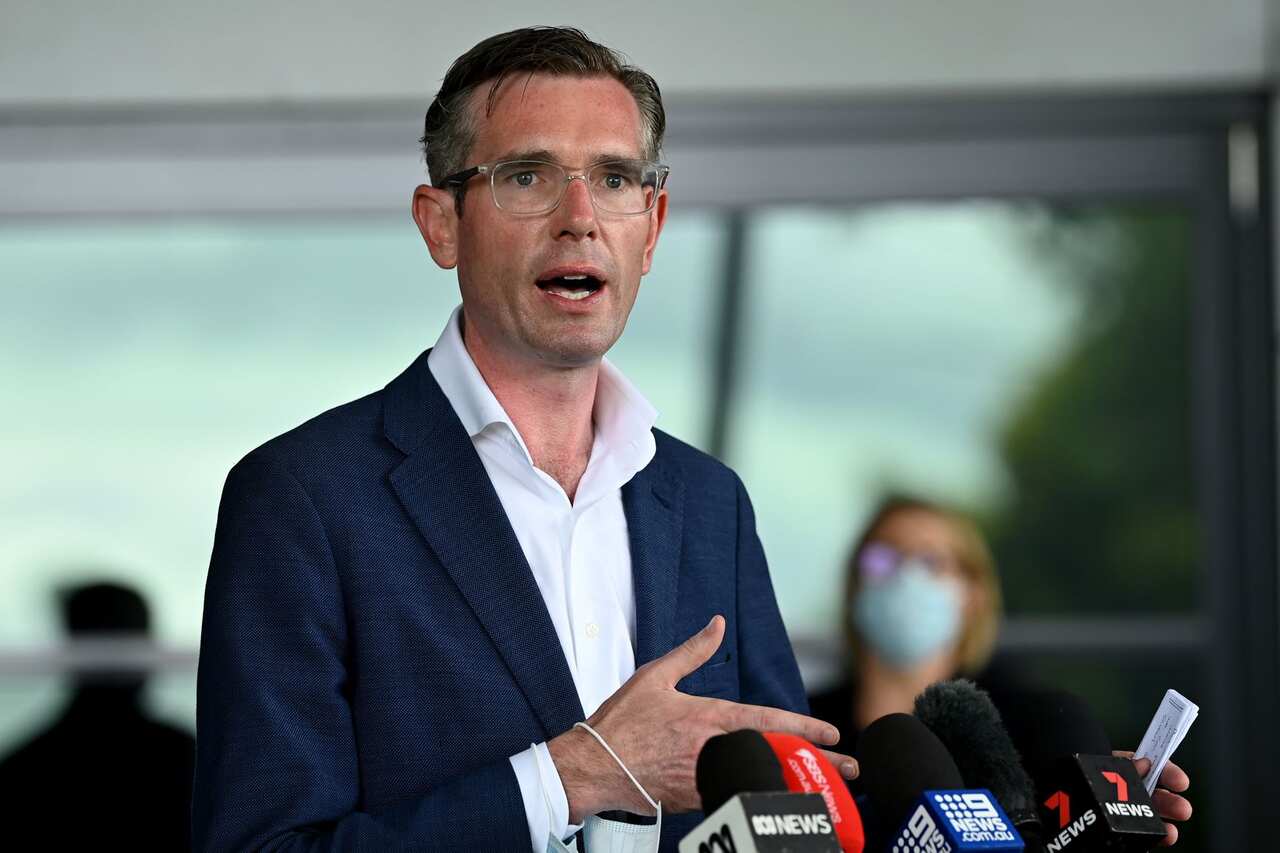 NSW Premier Dominic Perrottet speaks to the media during a press conference at Lidcombe Public School in Sydney