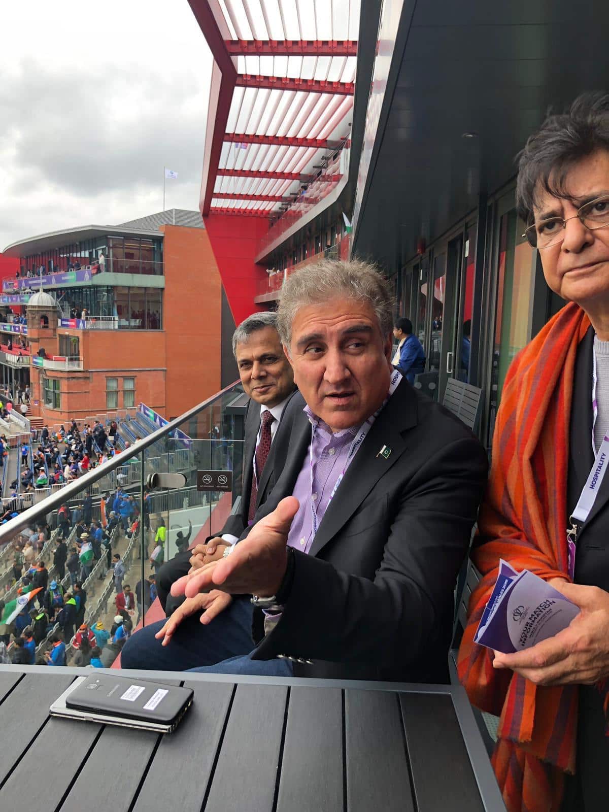 Pakistan's Foreign Minister watches the Pakistan and India World Cup match at Old Trafford stadium, Manchester, 15 June 2019.