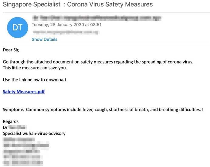Phishing email warning regarding Corona virus