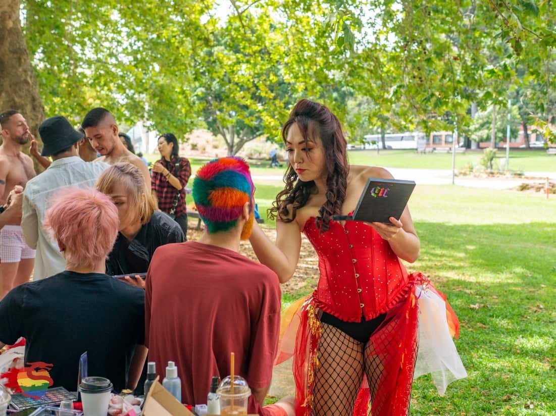 Mardi Gras Chinese Float Group preparing for the Parade.