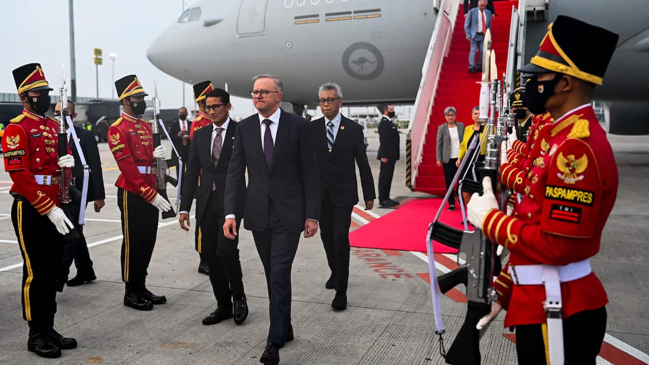 Australian Prime Minister Anthony Albanese disembarks the plane on arrival in Jakarta, Indonesia, Sunday, June 5, 2022.