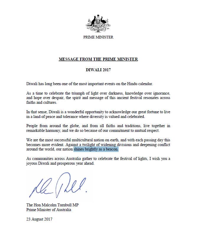 Message from PM Turnbull on Diwali 2017