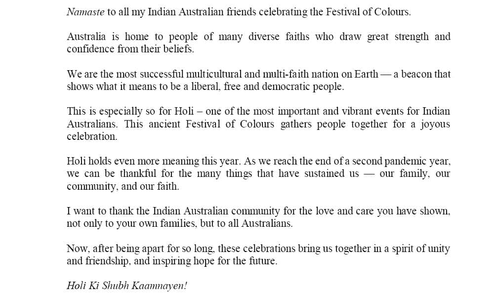 Prime Minster Scott Morrison extends Holi greetings.