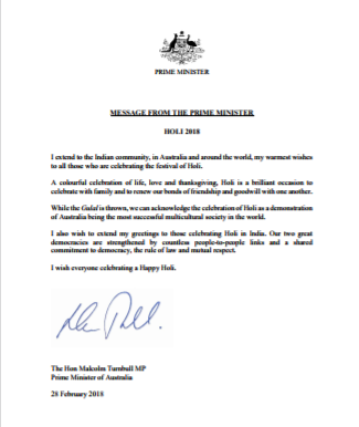 PM Turnbull's Holi greetings