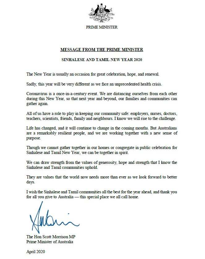 Australian PM Scott Morrison brings Sinhalese and Tamil New Year's message
