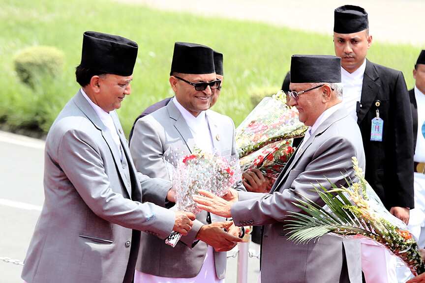 Nepali Prime Minister KP Sharma Oli welcomed at Kathmandu airport after returning from his China visit june 2018.