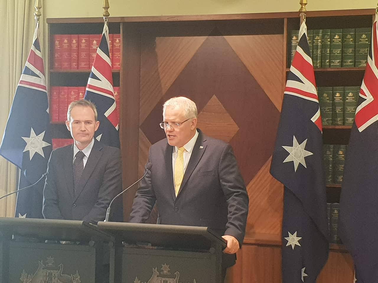 Minister for Immigration, Citizenship and Multicultural Affairs David Coleman (L) and Prime Minister Scott Morrison (R) attended press conference in Melbourne. 