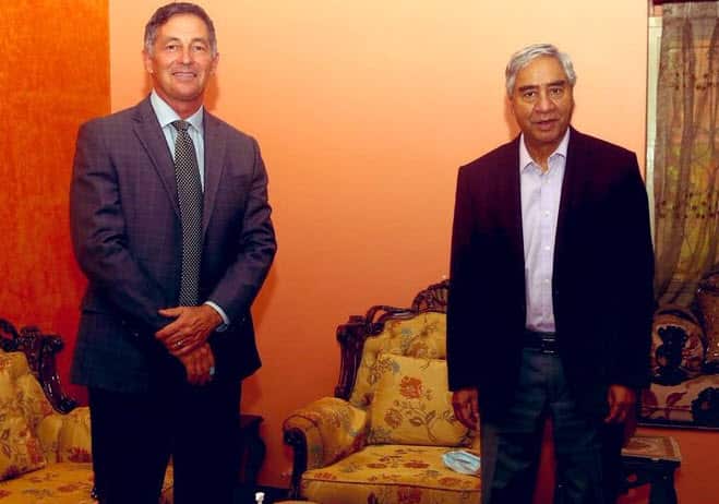 PM Sher Bahadur Deuba and US Ambassador to Nepal Randy Berry in Kathmandu