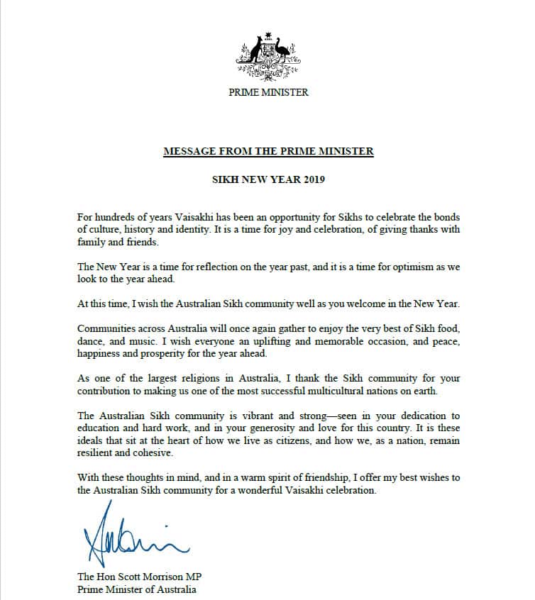 Message from Prime Minister Scott Morrison for Vaisakhi 2019