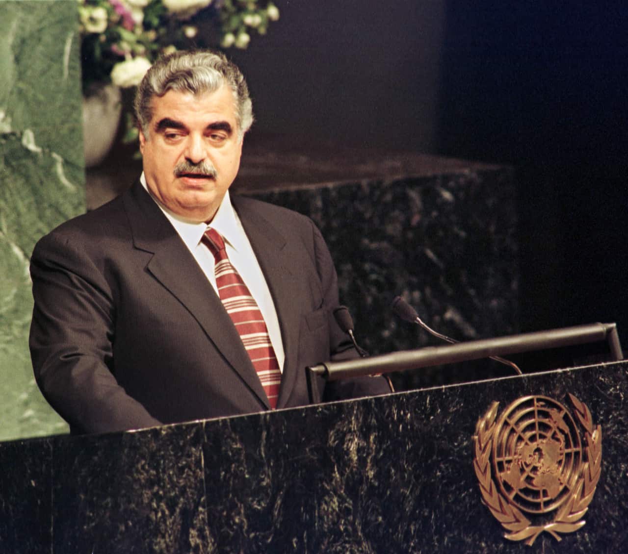 Lebanon's President of th Council of Ministers Rafic Hariri addresses the 53rd General Assembly of the United Nations Thursday, Sept.24, 1998, in New York.(AP Photo/Stuart Ramson)