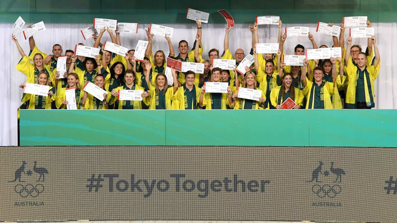 The Australian Swim Team pose for a photograph after the team was announced at the Australian Swimming Trials for Tokyo Olympic and Paralympic qualification, at the SA Aquatic and Leisure Centre in Adelaide, Thursday, June 17, 2021.