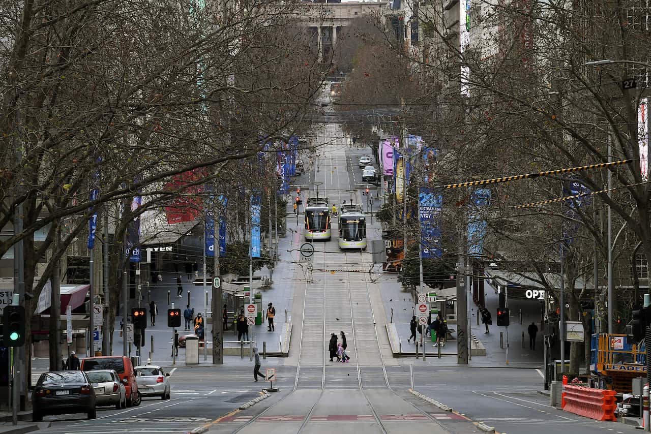 A general view along Bourke Street in Melbourne, Sunday, July 18, 2021. Victoria is in day three of its latest COVID-19 lockdown as health authorities race to keep up with fleeting transmission of the virus. (AAP Image/James Ross) NO ARCHIVING
