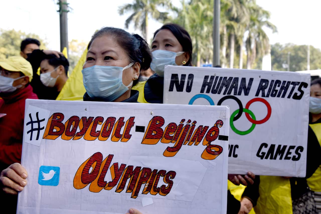 Activists of the Tibetan Youth Congress protest in New Delhi, India against the Winter Olympics in Beijing calling it "The Genocide Olympics" on 4 February 2022