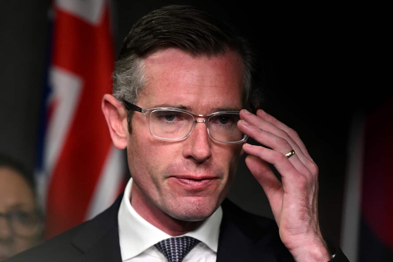 NSW Premier Dominic Perrottet addresses media during a press conference in Sydney, Tuesday, March 1, 2022. (AAP Image/Dan Himbrechts) NO ARCHIVING