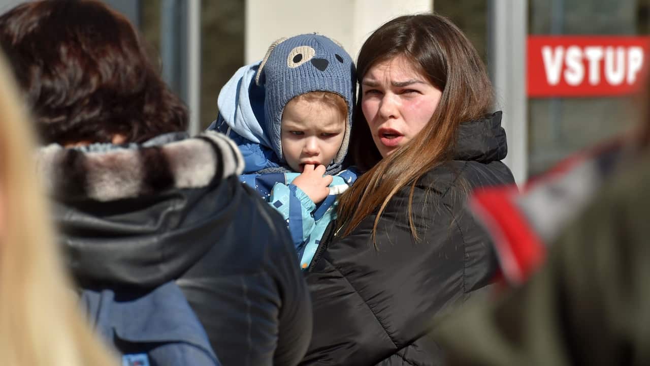 The regional assistance centre for Ukrainian refugees in KV Arena in Karlovy Vary, Czech Republic, on March 9, 2022. Ukrainians are fleeing the war after Ukraine was attacked by Russia. Refugees are able to arrange the necessary documents