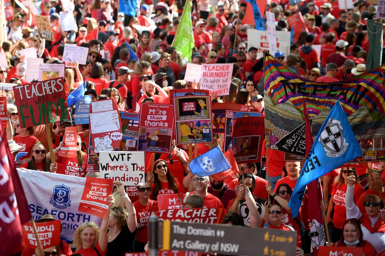 Participants are seen during a teachers strike in Sydney, Wednesday, May 4, 2022. (AAP Image/Dan Himbrechts) NO ARCHIVING