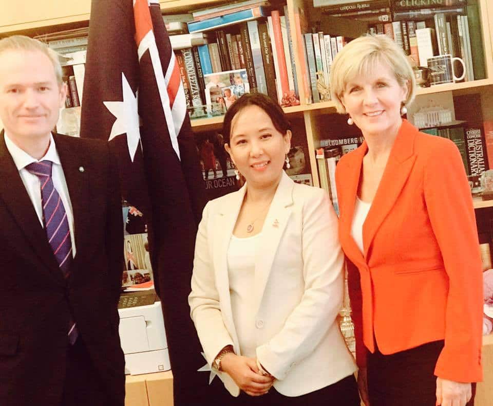 Nepal's Ambassador to Australia, Lucky Sherpa with Australian foreign minister Julie Bishop and MP David Coleman in Canberra.