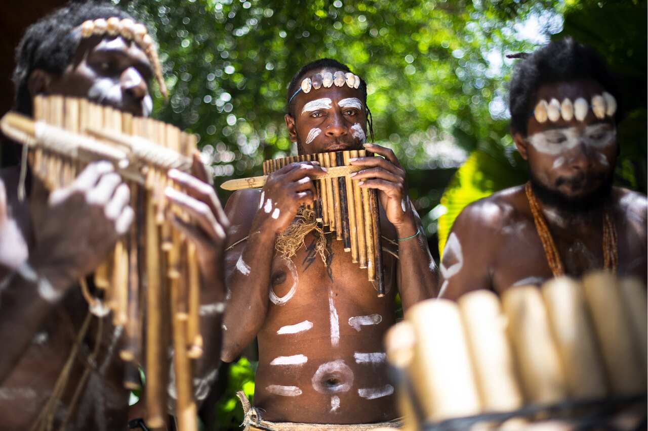 A panpipe band in Solomon Islands