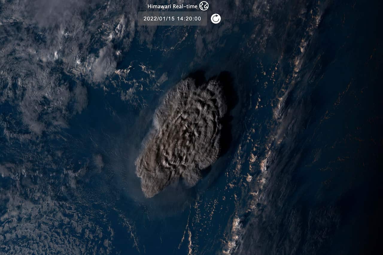 This satellite image taken by Himawari-8, a Japanese weather satellite, shows an undersea volcano eruption at the Pacific nation of Tonga, Jan. 15, 2022.