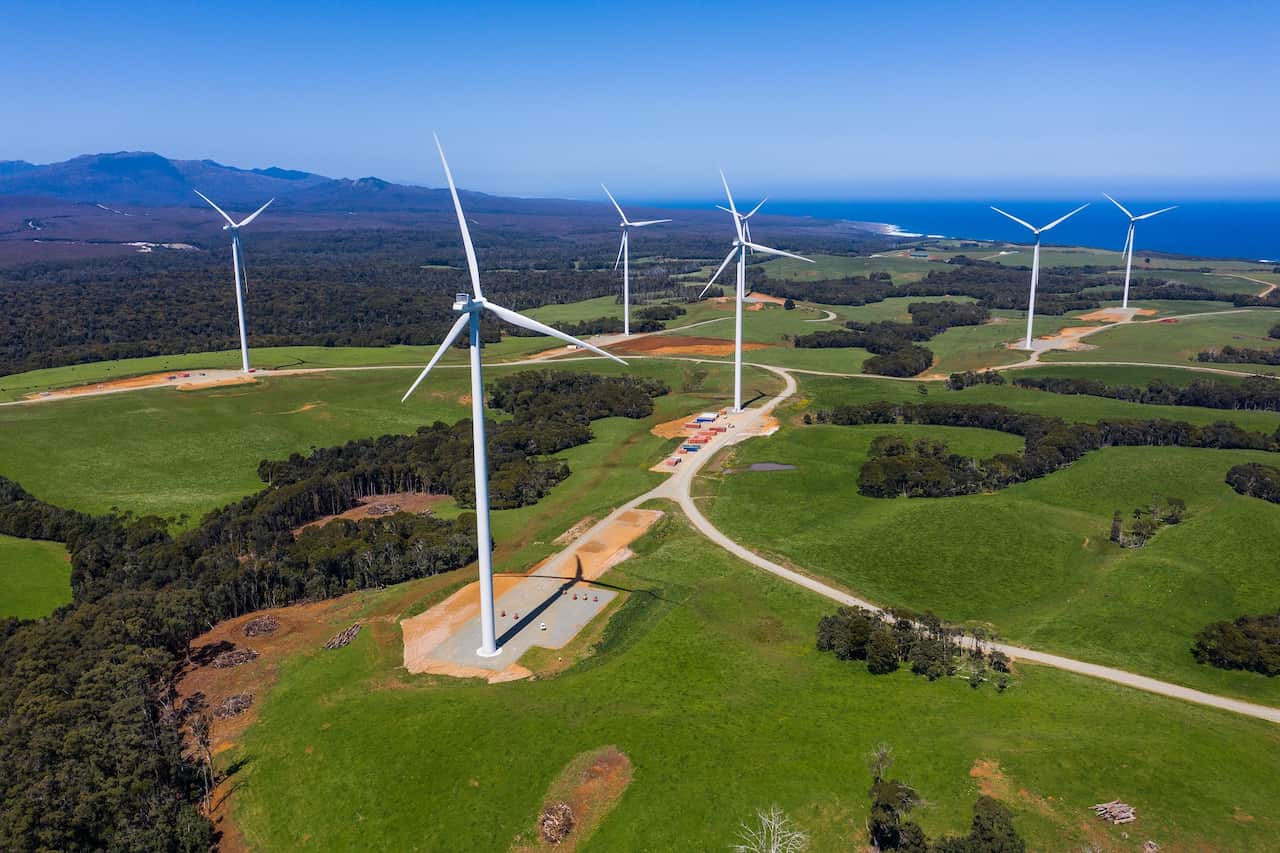 A supplied image obtained on Friday, November 27, 2020, of  a wind farm in Tasmania. Tasmania is officially running entirely on renewable energy after two wind turbines at Granville Harbour on state's remote west coast were connected to the grid. (AAP Ima
