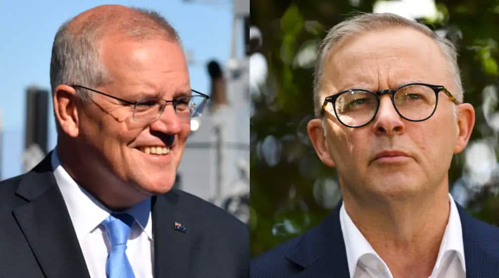 Prime Minister Scott Morrison (L) and Opposition leader Anthony Albanese on on Day 8 of the 2022 federal election campaign.