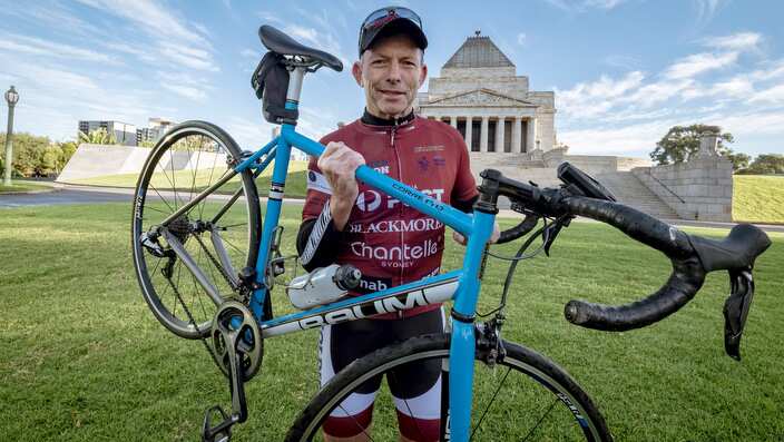 Former prime minister Tony Abbott takes part in the Pollie Pedal Bike Ride, starting at the Shrine of Remembrance in Melbourne, Sunday April 8, 2018. 