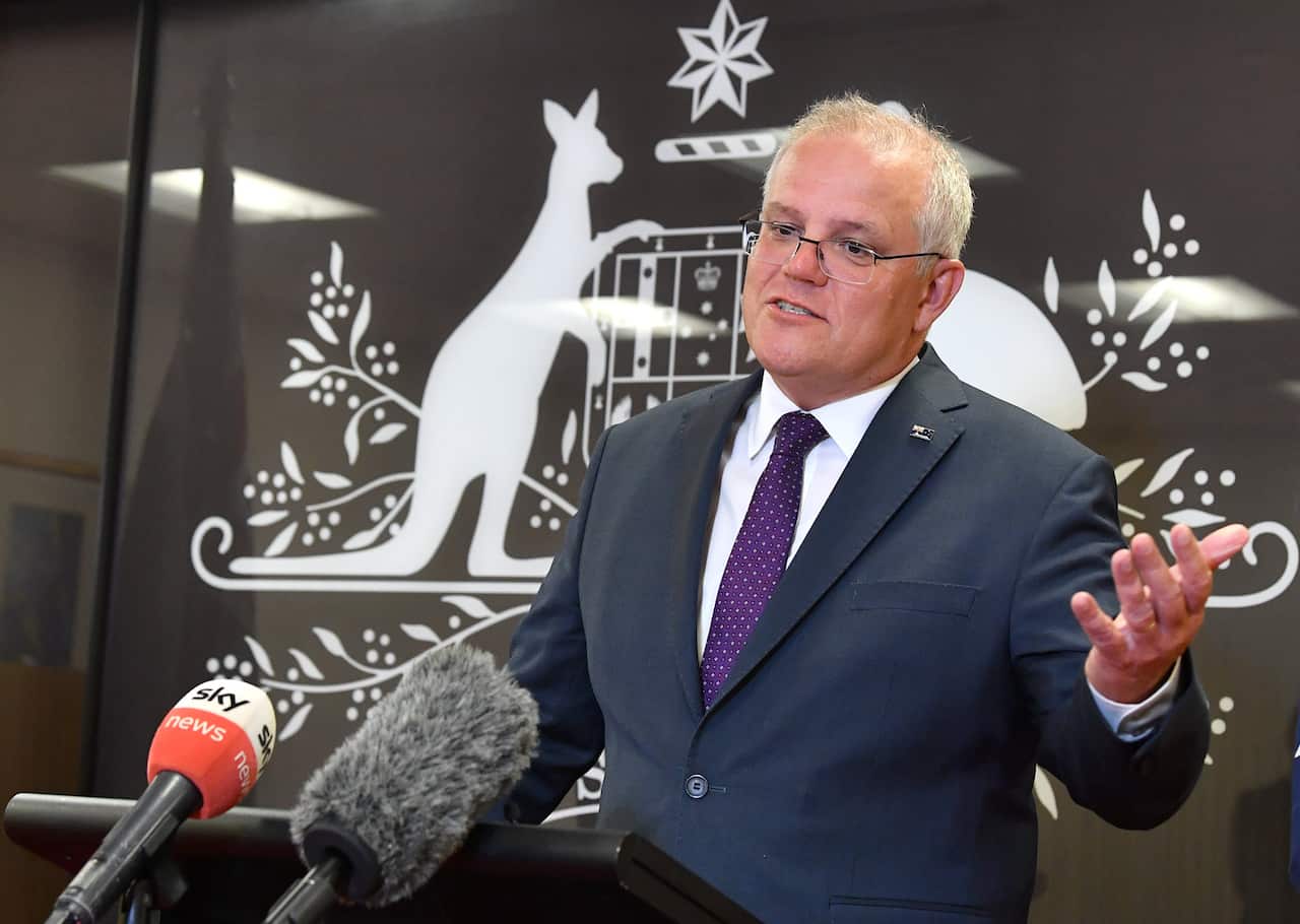 Prime Minister Scott Morrison is seen during a tour of the University of Queensland Vaccine Lab on October 12, 2020 in Brisbane, Australia.