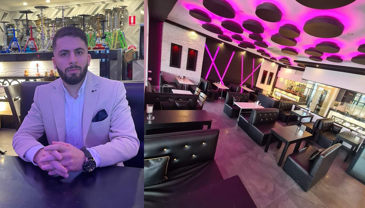 Restaurant owner Anas Almazahre and his now empty restaurant in Liverpool, Sydney.