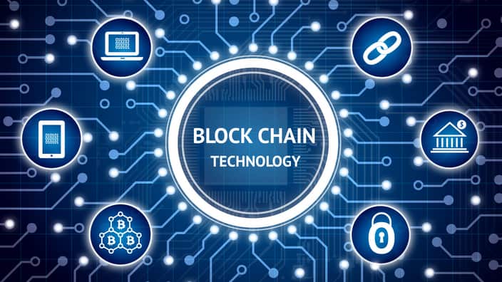 Blockchain , Distributed ledger technology , bitcoin concept. Electric circuit graphic and infographic of Block chain , network connect , security , binary coded icons.