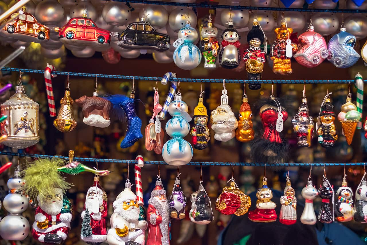 Christmas tree ornaments at Christmas market 