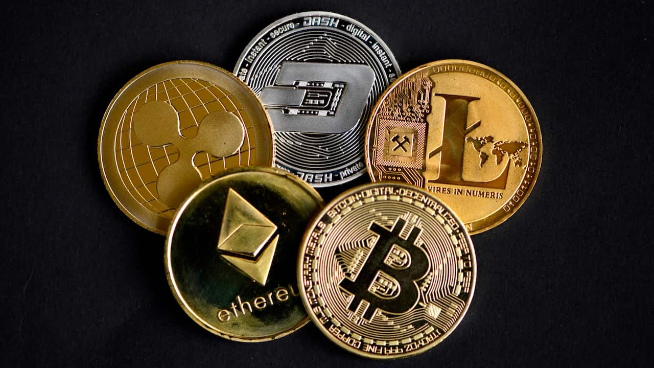 The photo shows physical imitations of cryptocurrency in Dortmund, western Germany, on January 27, 2020.