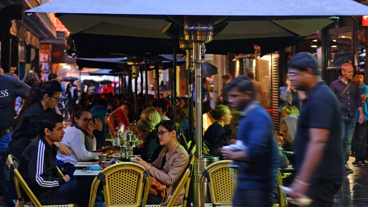 Traffic on Degraves Street, one of Melbournes finest Laneway environments full of bars, restaurants, cafe and boutique shopping. 