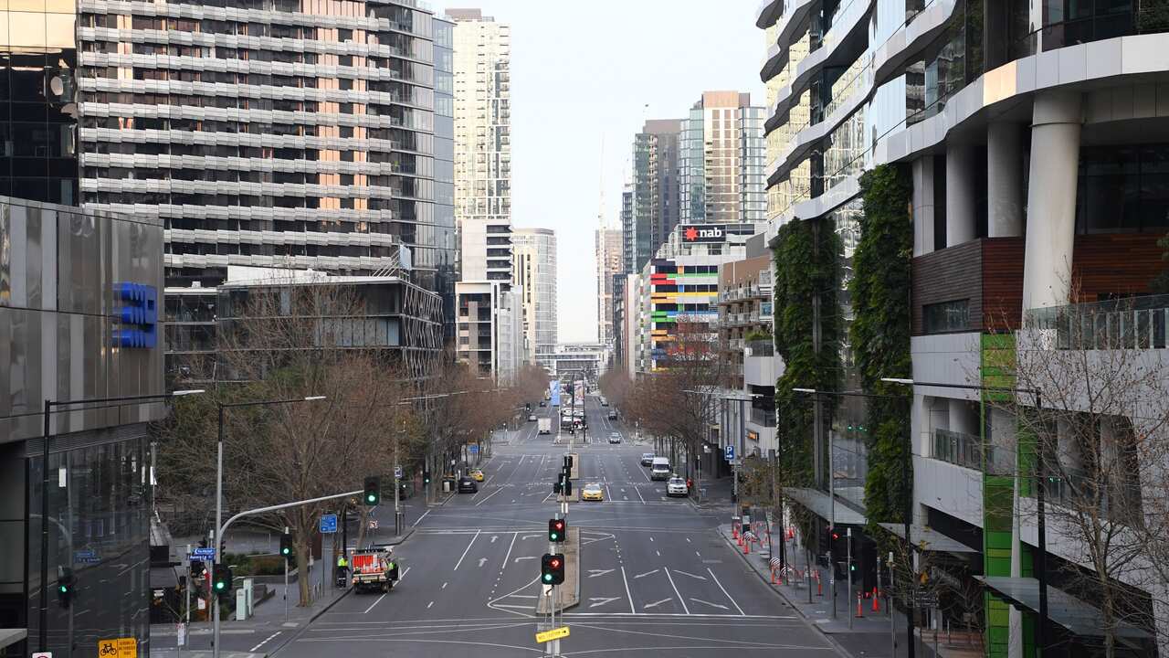 MELBOURNE, AUSTRALIA - AUGUST 11: Empty streets are seen on August 11, 2020 in Melbourne, Australia. Metropolitan Melbourne is under stage 4 lockdown restrictions, with people only allowed to leave home to give or receive care, shopping for food