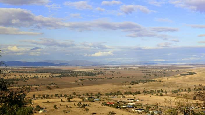 Panoramic views of dry, drought stricken farm land in Gunnedah, New South Wales, rural Australia