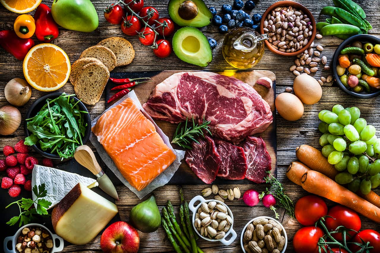 Food backgrounds: table filled with large variety of food