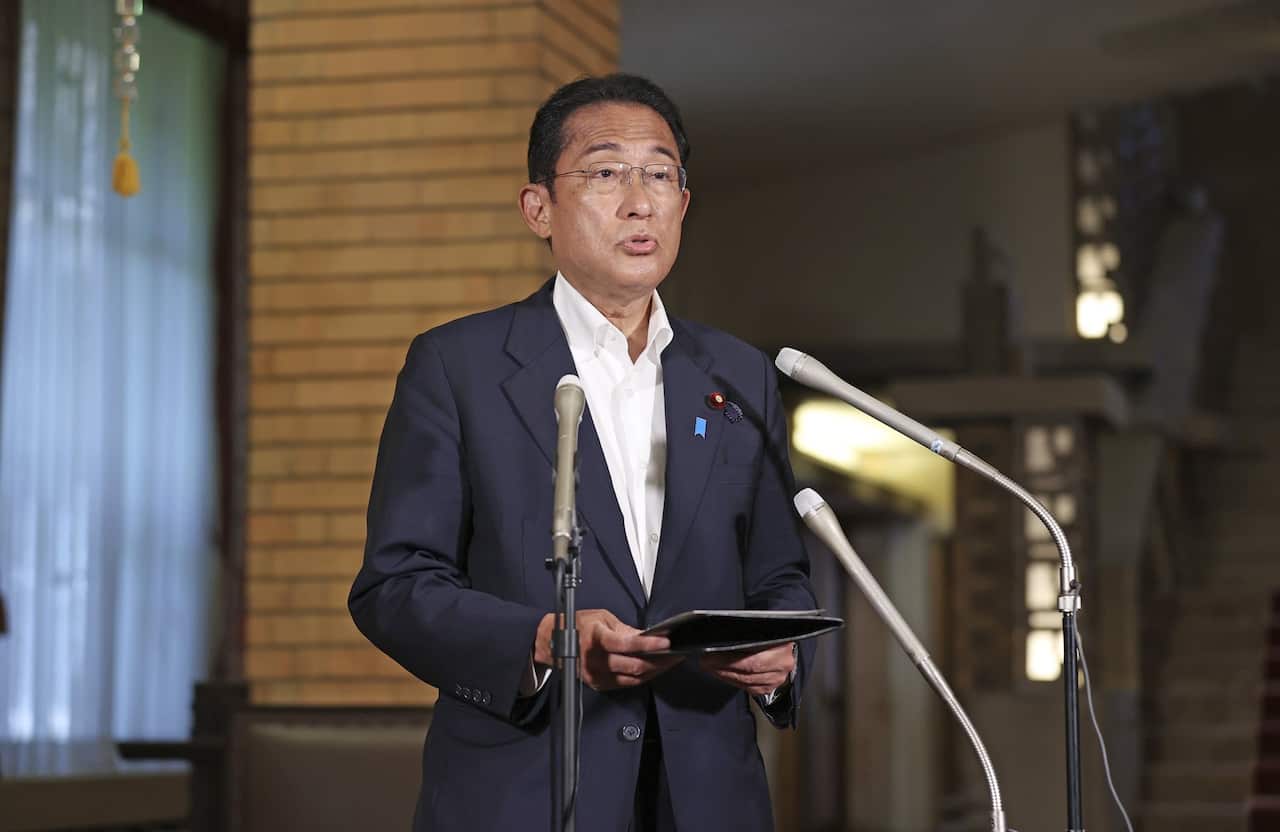 Japan's leader Fumio Kishida speaks to media (AAP)