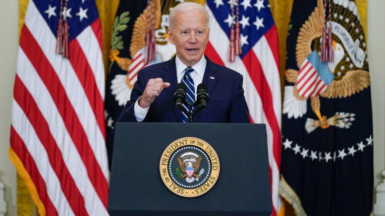 President Joe Biden speaks during a news conference in the East Room of the White House, Thursday, March 25, 2021, in Washington. 