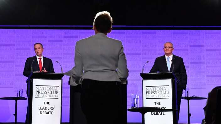 Leader of the Opposition Bill Shorten and Prime Minister Scott Morrison during the third Leaders Debate at the National Press Club in Canberra