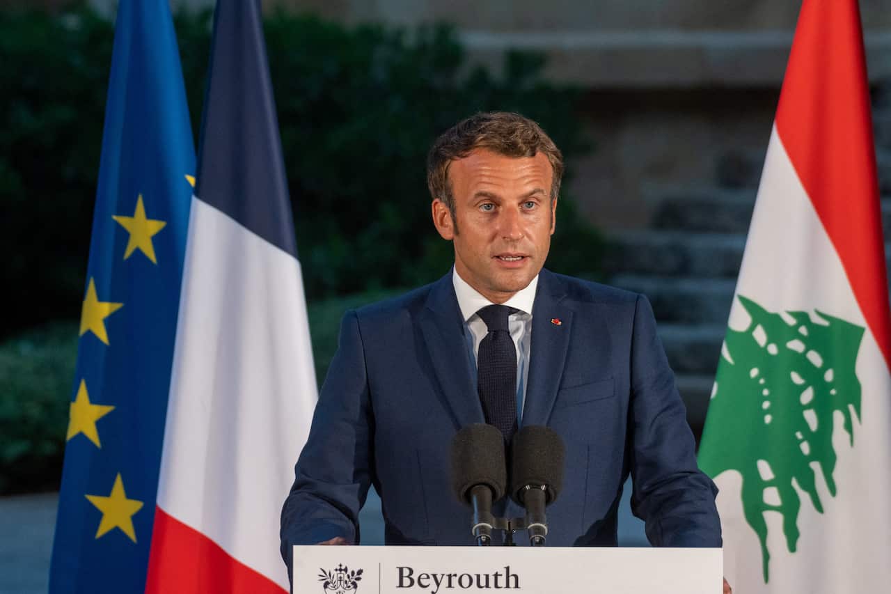 French president Emmanuel Macron talks during a press conference in the garden of the Residence des Pins, the house of the French Ambassador, in Beirut, Lebanon on August 6, 2020. Photo by Ammar Abd Rabbo/ABACAPRESS.COM.