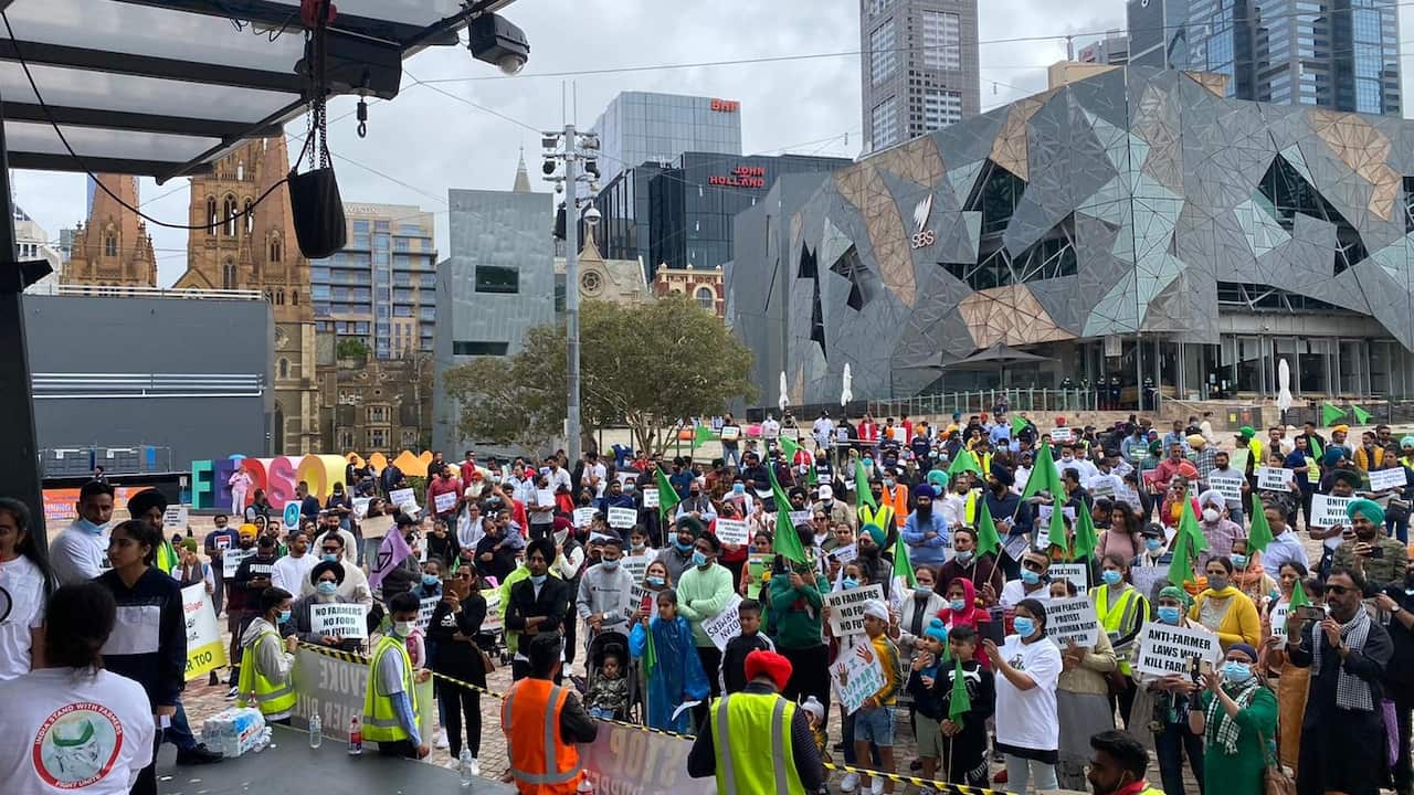 Support for Indian Farmers' protest at Federation Square, Melbourne on Sunday 7 February, 2021.