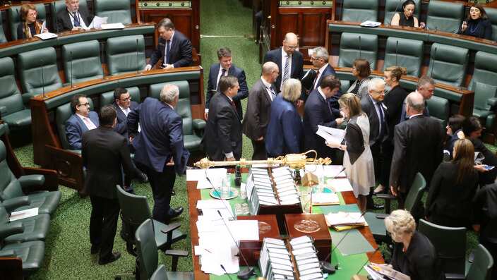 Members move around the chamber as they vote on an amendment to the Voluntary Assisted Dying Bill 2017 as it is debated in the lower house at the Victorian Parliament in Melbourne, Thursday, October 19, 2017. (AAP Image/David Crosling) NO ARCHIVING