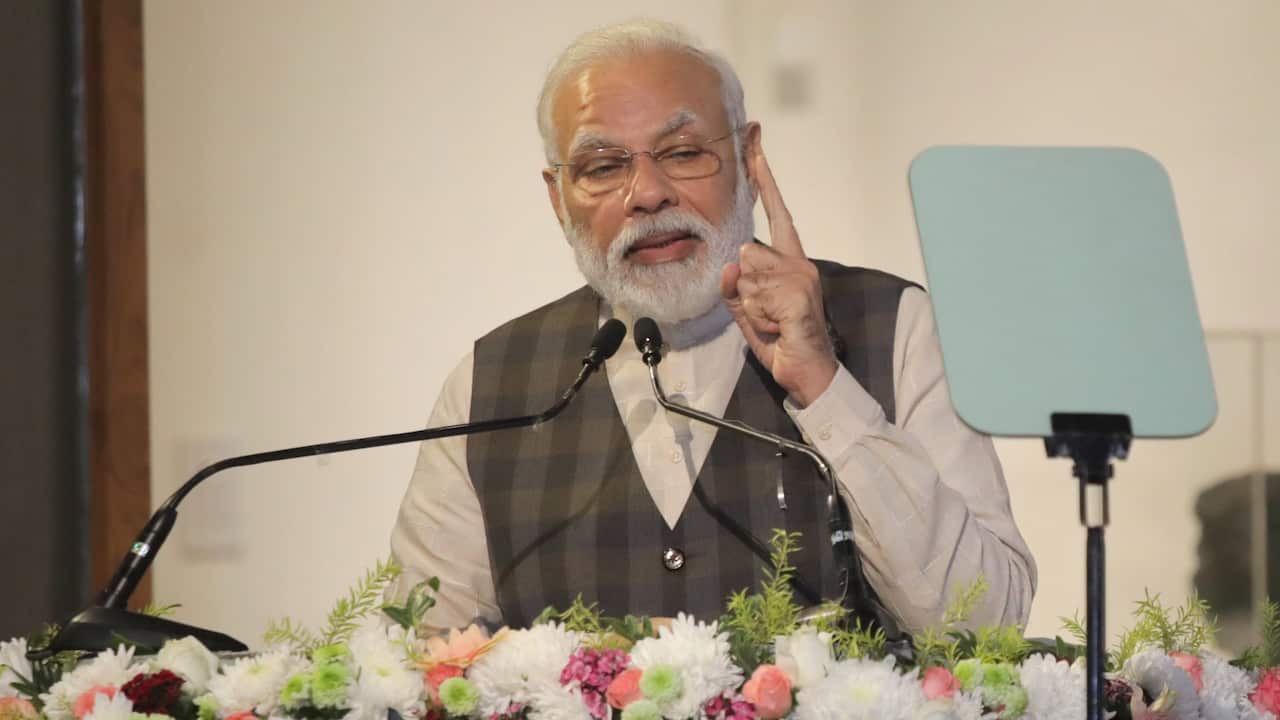 Indian Prime Minister Narendra Modi speaks during the unveiling of a museum at the old currency building in Kolkata, Eastern India, 11 January 2020. 