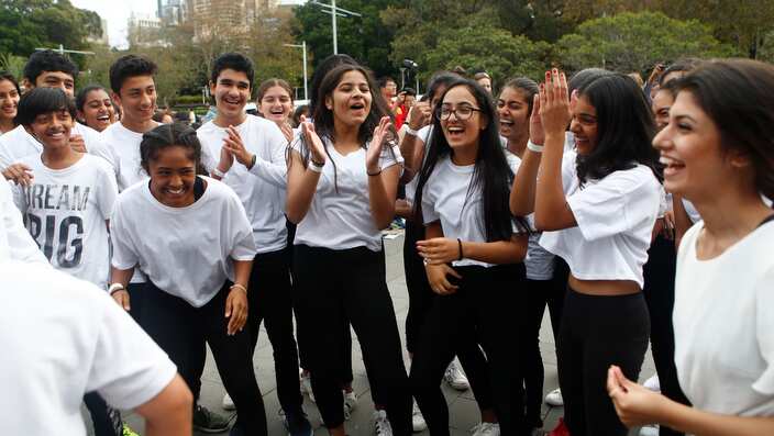 People are seen dancing during International Dance Day celebrations in Sydney, Sunday, April 29, 2018. (AAP Image/Daniel Munoz) NO ARCHIVING